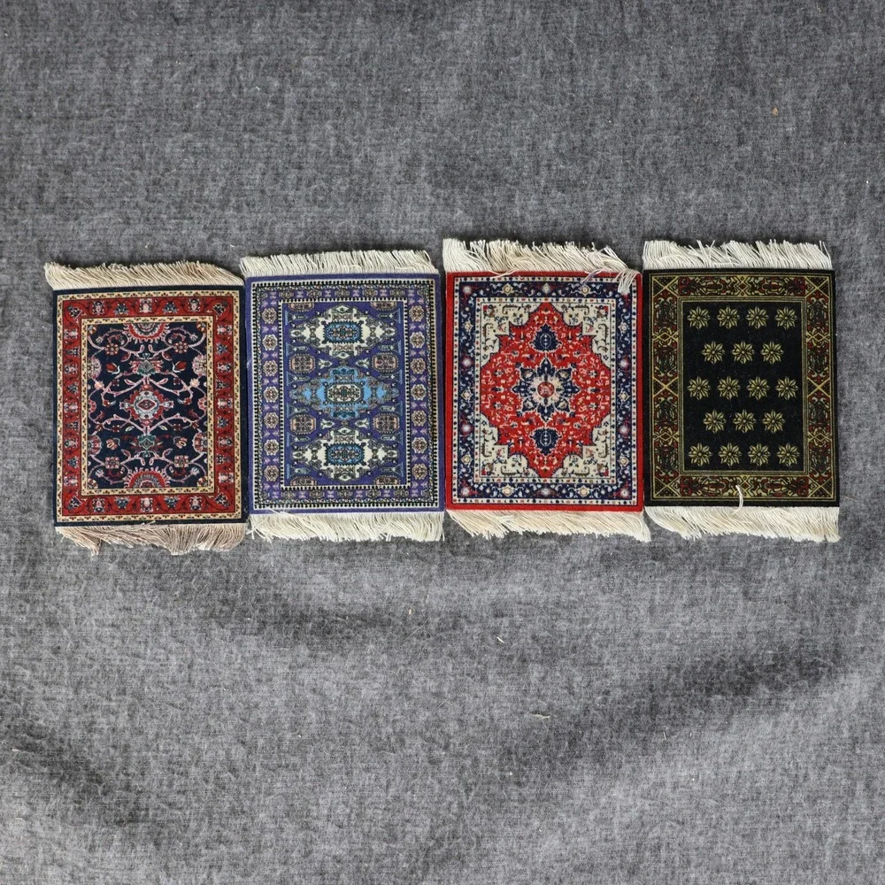 CoasterRug Mini Rug Drink Coasters Set Of 4 Multicolor Medallion Fabric Rubber